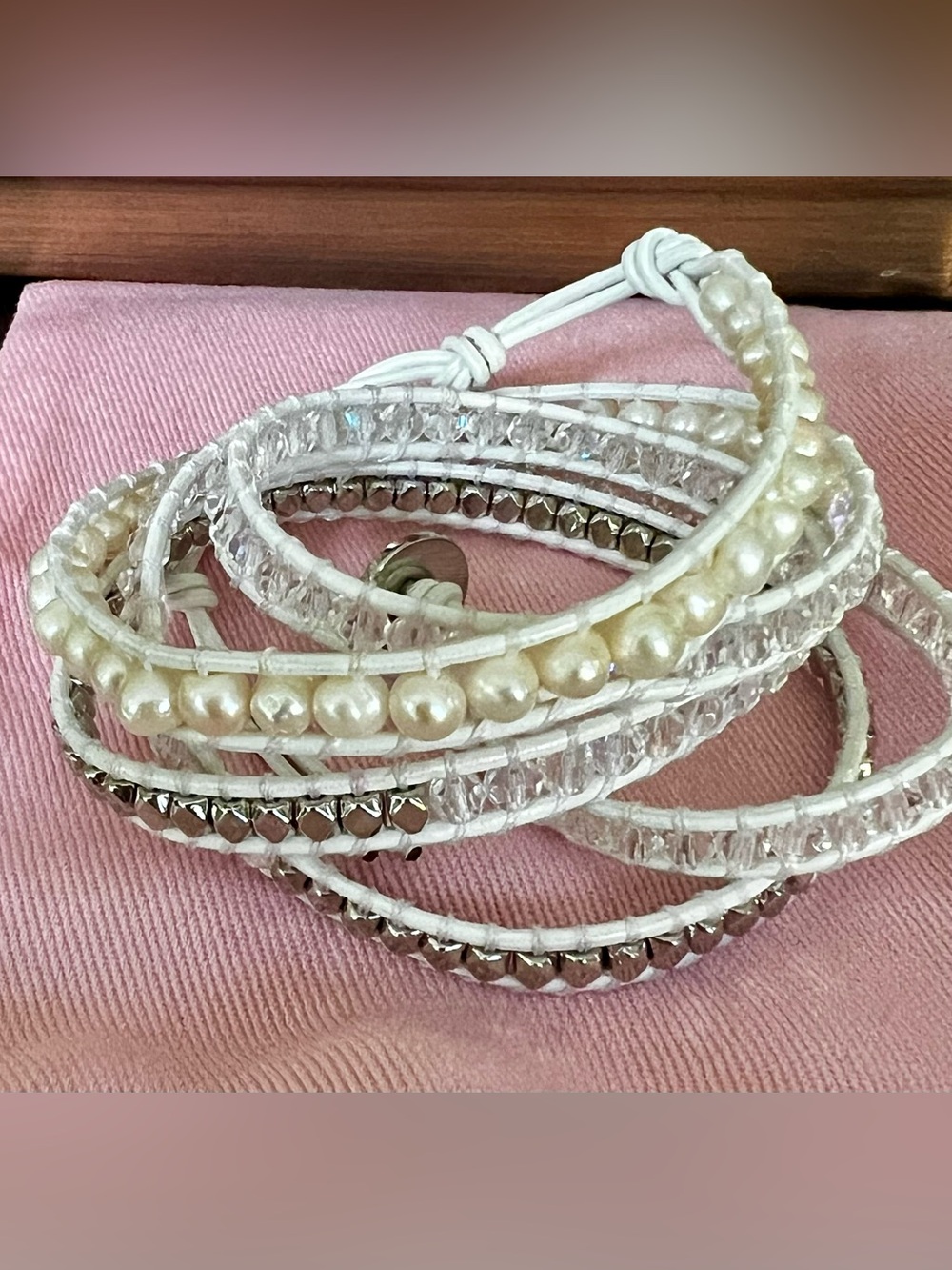 Victoria Emerson White Pearl, Silver & Crystal Wrap Bracelet